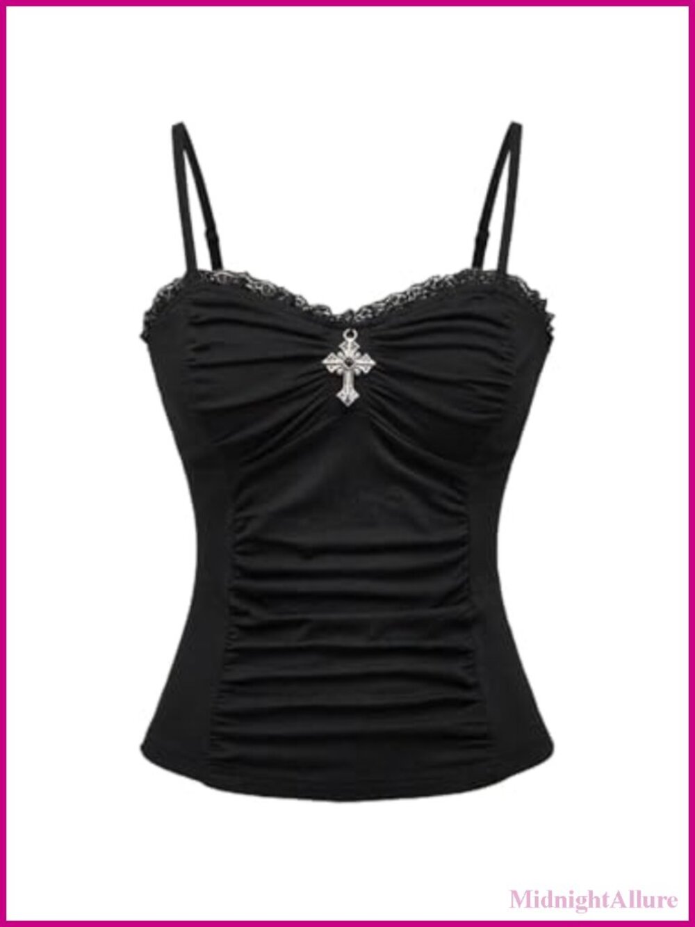 Gothic Lace Cami Top Cross Pendant Adjustable Spaghetti Strap Sweetheart Neck